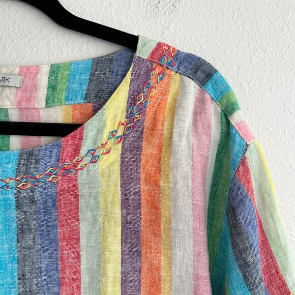 John Mark Shirt XL Rainbow Stripe Linen Embroidery Flounce Sleeve Raw Hem - Picture 2 of 8